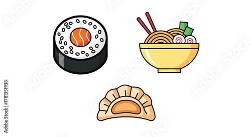 Colorful asian cuisine icons featuring sushi, noodles, and dumplings