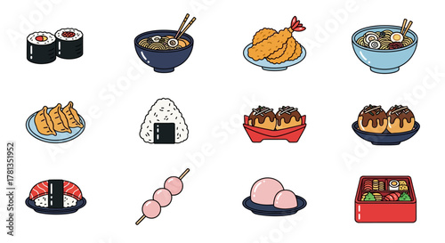 Diverse japanese cuisine icons: sushi, ramen, tempura, and more in flat style