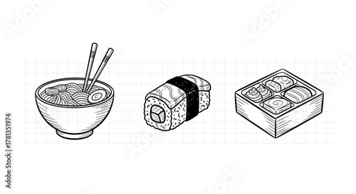 Hand-drawn japanese cuisine with ramen, sushi, and bento box in black and white style