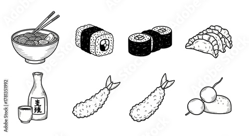Hand drawn japanese cuisine: ramen, sushi, tempura, and more