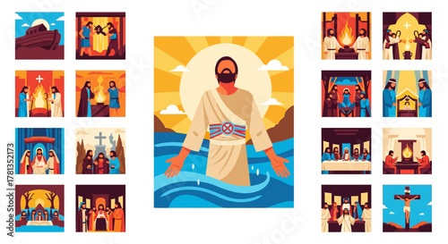 Biblical scenes in vibrant flat art style highlighting key moments