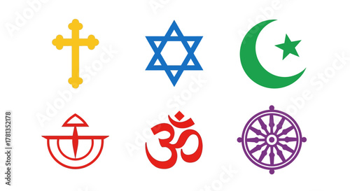Colorful collection of religious symbols: christianity, judaism, islam, hinduism, sikhism, buddhism