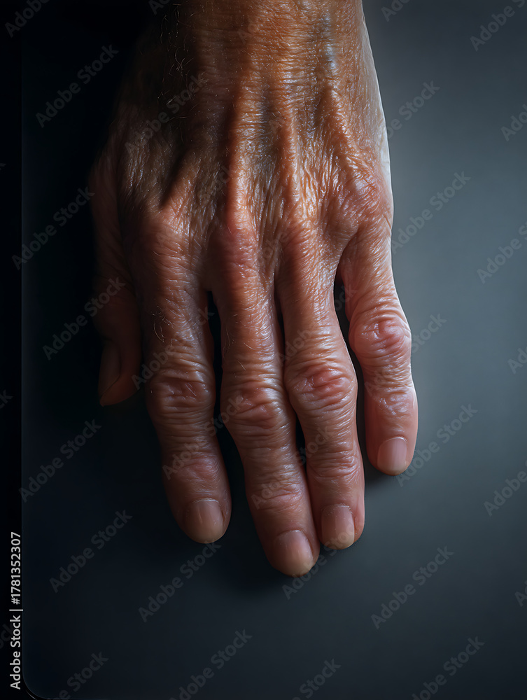 Fototapeta premium Wrinkles on the back of an elderly person's hand, empty space