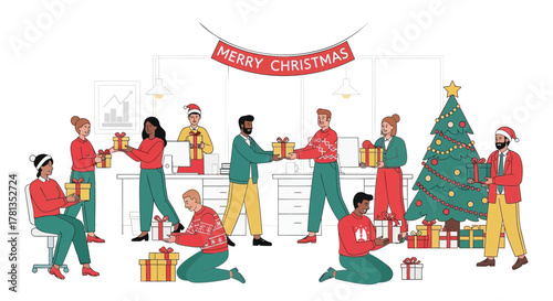 Diverse office colleagues exchanging christmas gifts and celebrating the holiday season together in a festive workplace environment