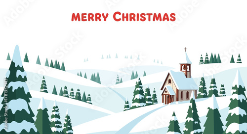 Merry christmas greeting card featuring a charming snow covered church surrounded by evergreen trees