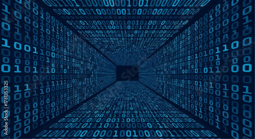 Binary code tunnel with perspective view creating a digital data stream appearance of information