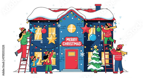 Diverse family decorates a blue house with christmas lights and ornaments for the holidays