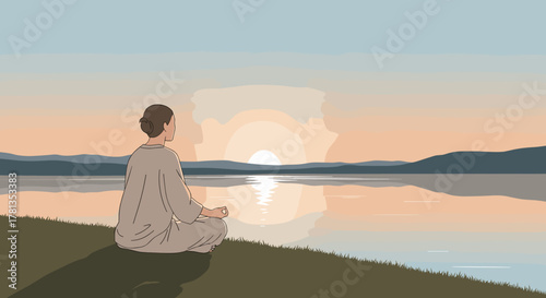 A female figure with brown hair meditates in a serene yoga pose by a tranquil lakeside at sunset, embracing the peaceful atmosphere.