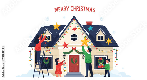 Family decorating house with christmas lights and stars for festive holiday celebration