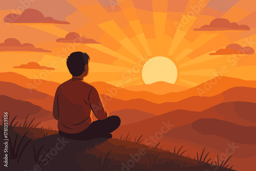 A young male sits cross-legged, gazing at a vibrant sunset over rolling hills, with a peaceful expression and rays of sunlight illuminating the sky.