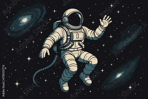 An astronaut floats in deep space surrounded by distant galaxies and stars, wearing a spacesuit with a helmet and backpack, against a dark cosmic background.