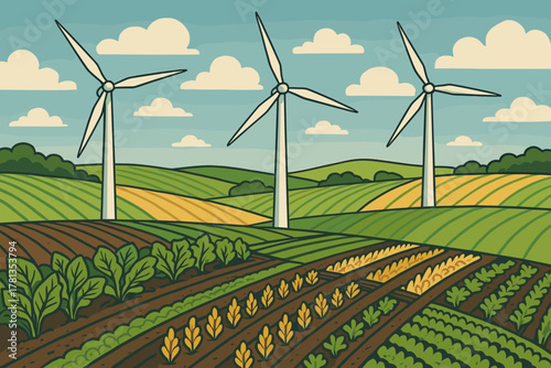 Cartoon landscape of green agricultural fields with three tall wind turbines under a bright blue sky with white clouds.