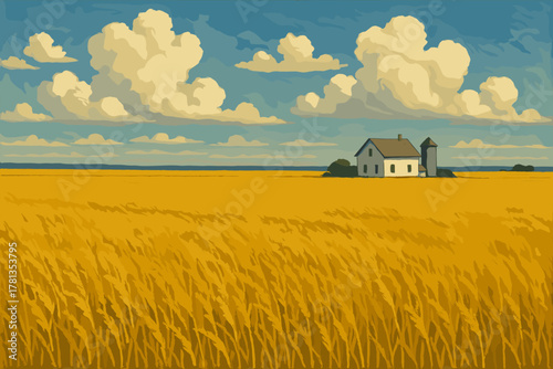 A solitary house with a small tower stands amid a vast, golden wheat field under a cloudy sky, evoking a sense of rural tranquility.