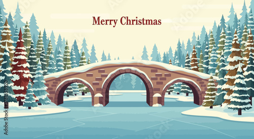 Merry christmas greeting card with snow covered stone bridge and pine trees in winter landscape