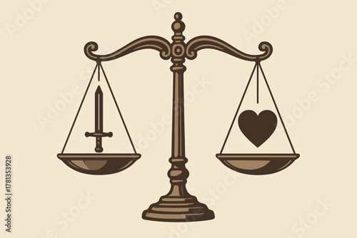 A vintage-style balance scale, with a sword on one side and a heart on the other, symbolizing the contrast between justice and emotion.