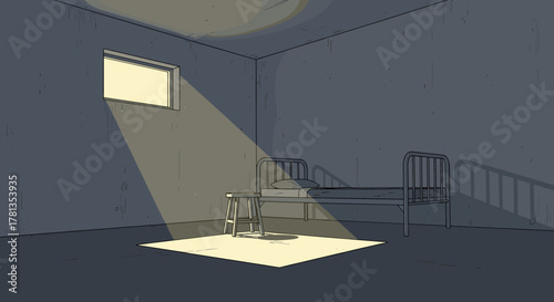 A simple room with a single bed, stool, and a small window allowing a beam of light to illuminate the floor.