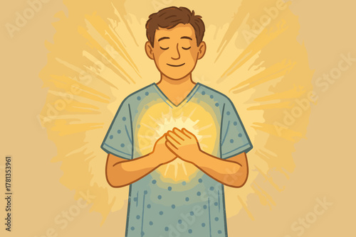 Male character in a hospital gown meditates with closed eyes and hands over heart, radiating a warm glowing aura.