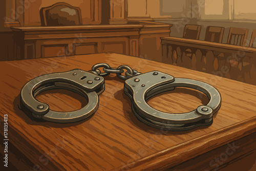 Metal handcuffs resting on a wooden table in a courtroom with empty seats and judge's bench in the background.