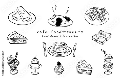 カフェのフードとスイーツの手書きイラストセット