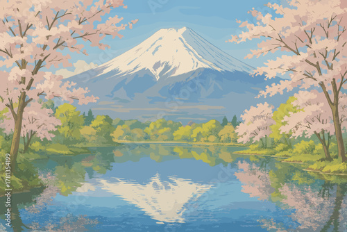 Snow-capped mountain reflected in a clear lake, framed by vibrant cherry blossom trees under a bright blue sky in a serene landscape.