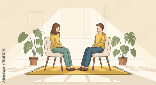 Two caucasian adults, a male and a female, are sitting on chairs facing each other, surrounded by potted plants in a well-lit room.