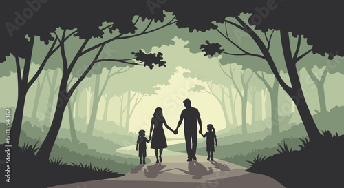 Silhouetted family of four, including two children, walking hand in hand along a forest path with tall trees and lush foliage in the background.