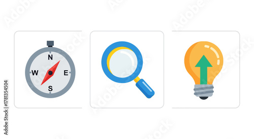 Compass magnifying glass light bulb icons for search and innovation concepts