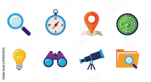 Colorful navigation and discovery icons set with modern design