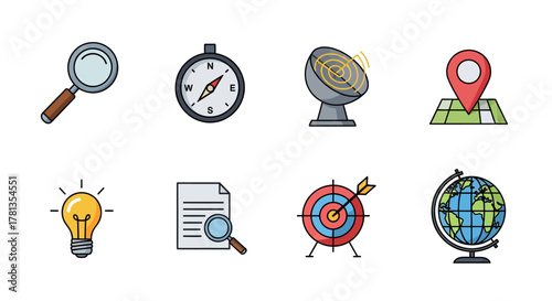 Vector icons for navigation and discovery: compass, gps, globe, and more