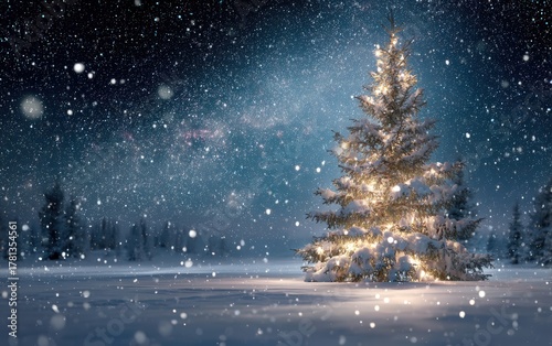 A Christmas tree is lit up in the snow