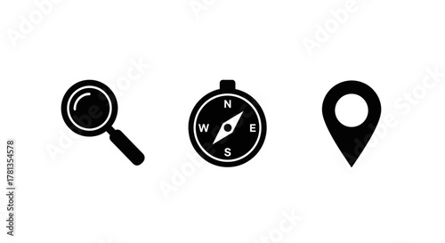 Minimalist icons: magnifying glass, compass, and location marker in black silhouette