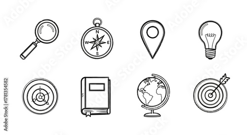 Monochrome education icons: magnifying glass, compass, globe, and more