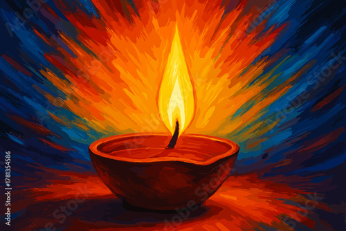 A vibrant painting features a single candle in a clay holder with a glowing flame, surrounded by bold, expressive strokes of red, orange, blue, and yellow colors.