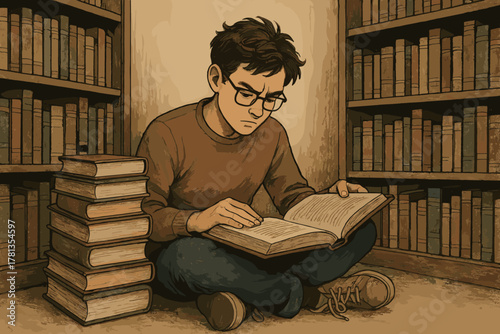 Young caucasian male in glasses intently reading a large book while seated on the floor amidst tall bookshelves in a library.
