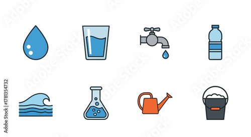 Water icons set: flat design featuring drink, tap, and lab elements
