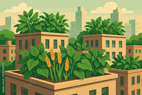 Rooftop gardens atop city buildings featuring lush green plants and crops, set against an urban skyline.
