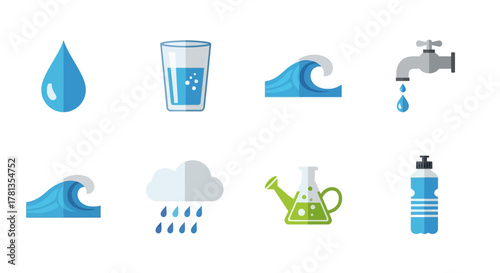 Water themed flat icons: drops, waves, and hydration symbols