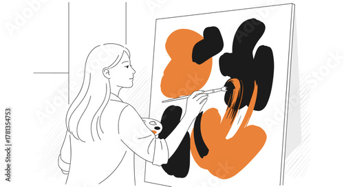 Young caucasian female artist painting an abstract artwork with a brush on a canvas in an art studio.