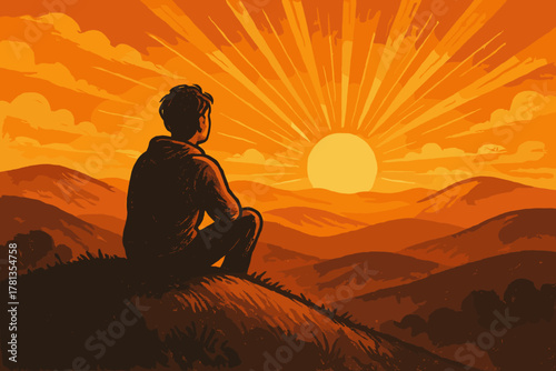 Silhouette of a young male sitting on a hill, gazing at a vibrant orange sunset over a series of rolling hills and glowing clouds.