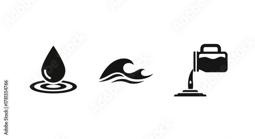 Water icons set: drop, wave, and liquid pour in bold black design