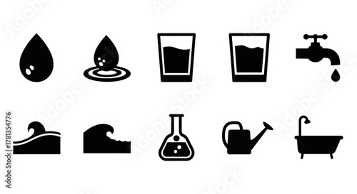 Essential water icons: simple black silhouettes of drops, glasses, and faucets