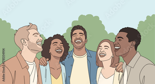 Group of diverse young adults laughing outdoors, including caucasian, hispanic, and african males and females, enjoying a relaxed and joyful moment together.