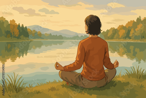 Young caucasian male meditating in lotus position by a tranquil lake during sunset, surrounded by trees and mountains in a serene landscape.