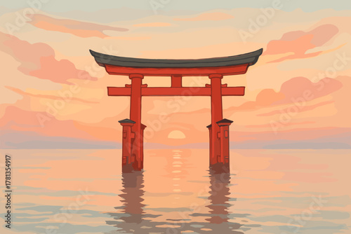 Red torii gate stands majestically over calm waters at sunset with a stunning orange and pink sky in the background.