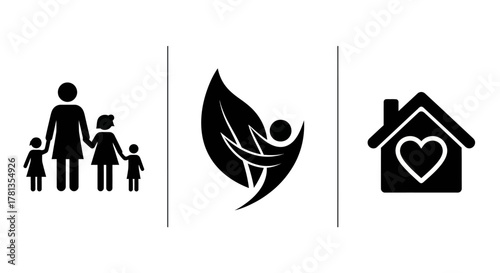 Family icons: silhouette symbols of parenthood, nature care, and home love