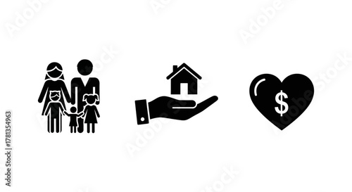 Family protection and financial security icons: family, home, and heart symbols