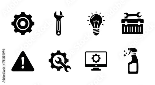 Industrial tools and maintenance icons set in black silhouette style