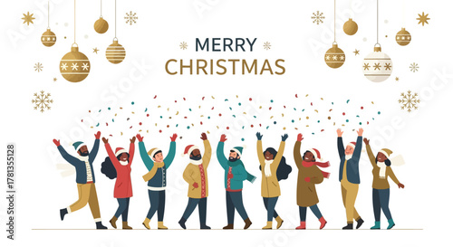 Diverse group of people celebrating and throwing confetti under festive christmas ornaments and snowflakes