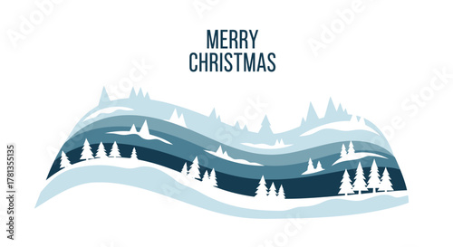 Stylized winter landscape with snow covered evergreen trees and wavy layers of blue and white