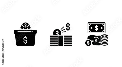 Monochrome financial icons: budget box, coin stack, dollars